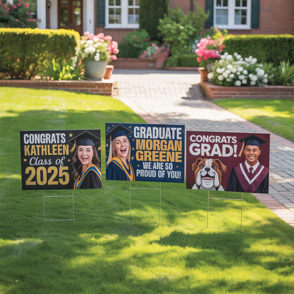 Three custom printed graduation yard signs congratulating students on a front lawn
