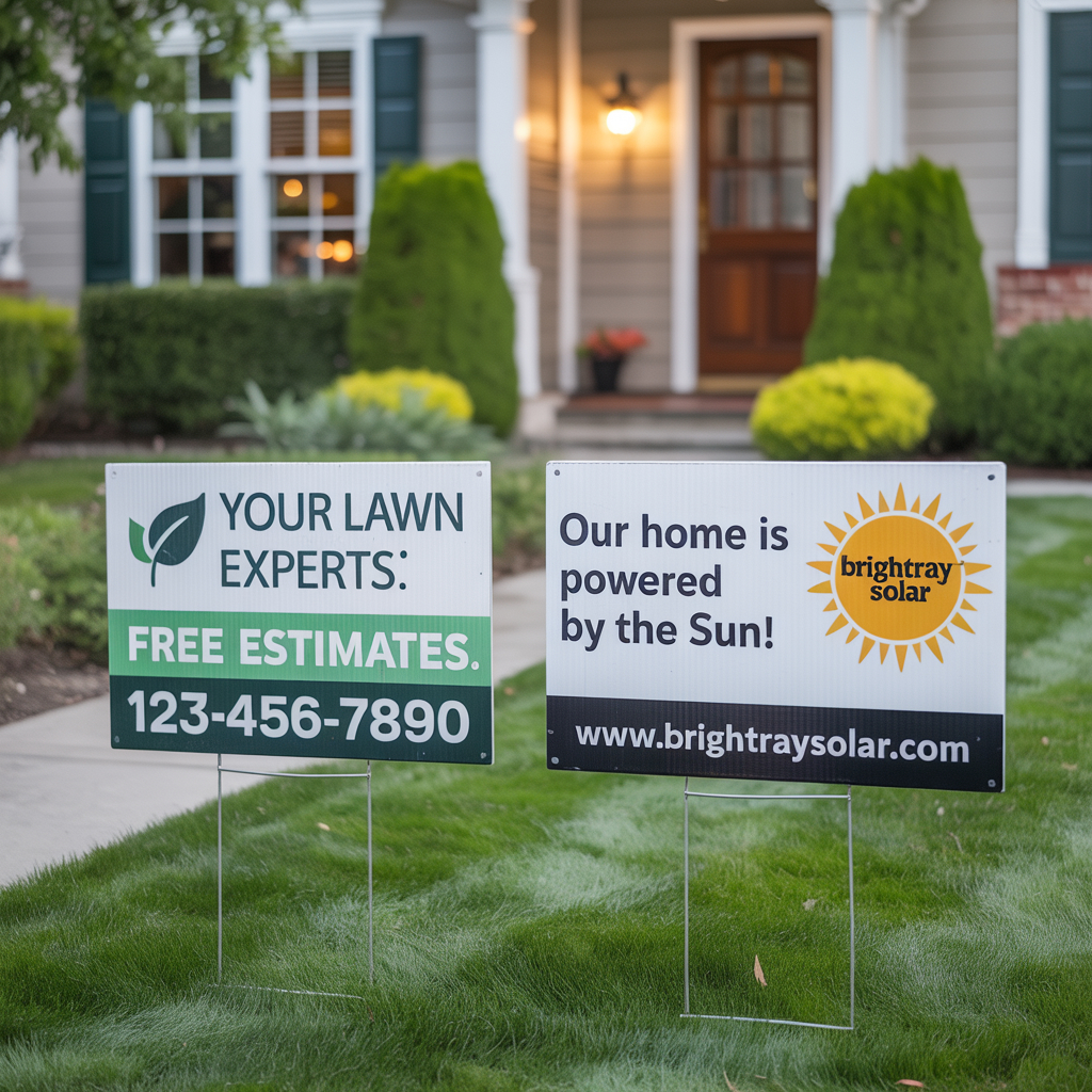 Custom Yard Signs Custom printed yard signs on a lawn in front of a house displaying service companies