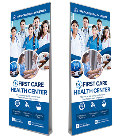 Retractable double-sided pull-up banner, designed for easy setup and showcasing multiple messages.
