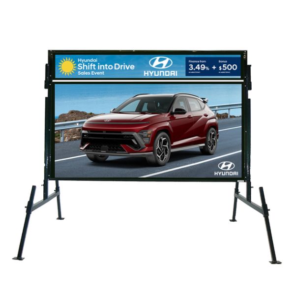 Magnetic road sign with header, designed for easy attachment to vehicles or metal surfaces, featuring customizable messaging