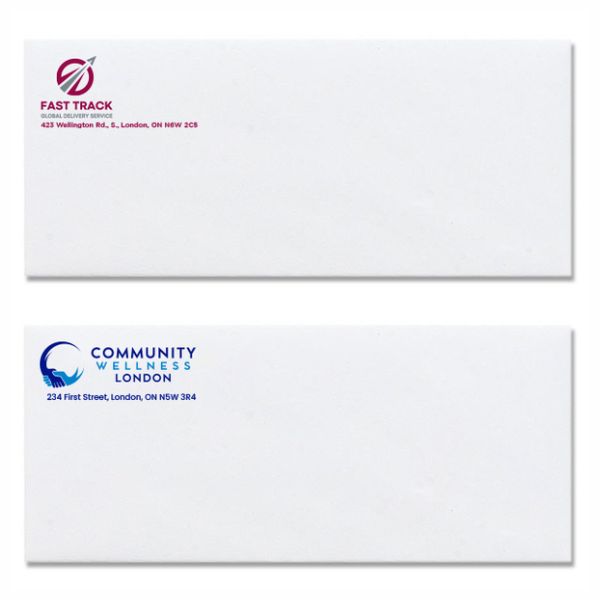 Printed #8 envelope with a window panel, allowing recipient address to show through.