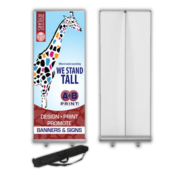 Retractable pull-up banner for use in lobbies, offices, and conventions to enhance brand visibility.