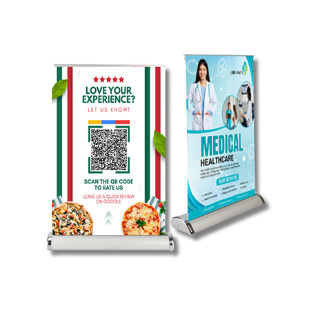 Tabletop retractable banners, compact and portable for convenient display on tables or counters, featuring customizable graph