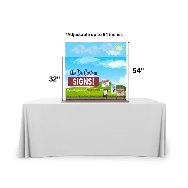 Durable wide table top pull-up banner printed on high-quality material, ensuring lasting vibrant graphics for repeated use.