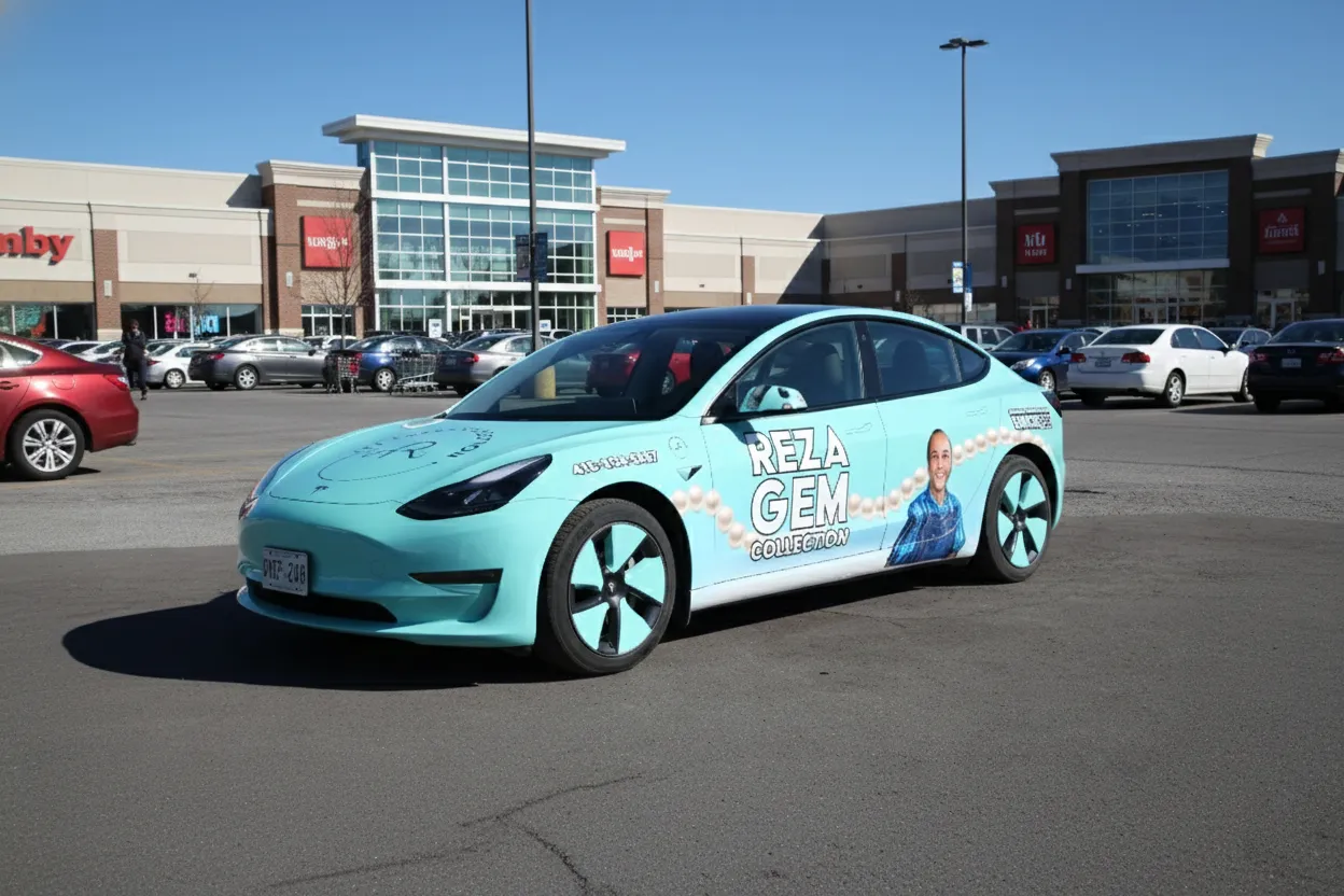 Tesla car featuring Reza Gem custom full wrap design