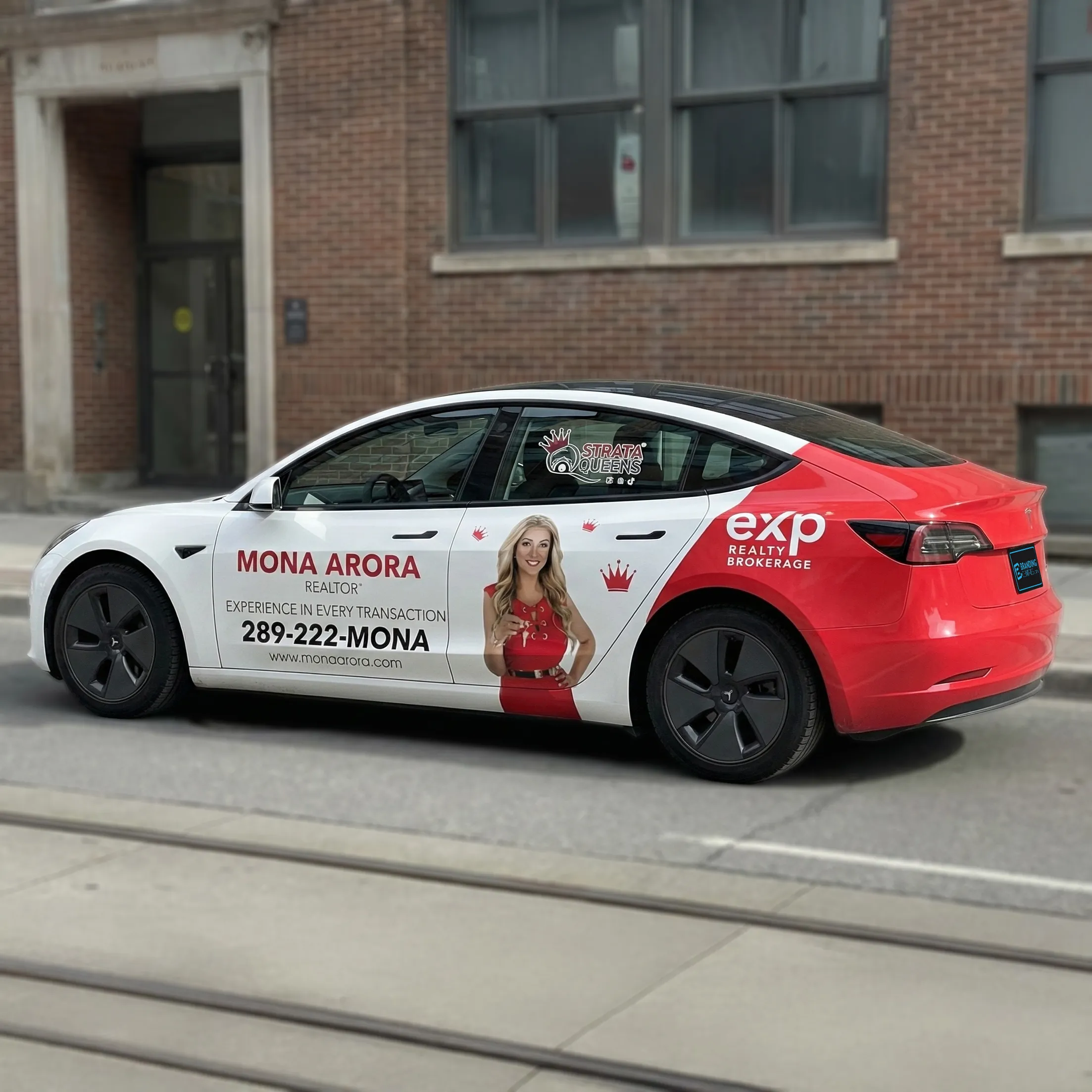 Mona Arora partial car wrap showcasing clean, professional vehicle branding