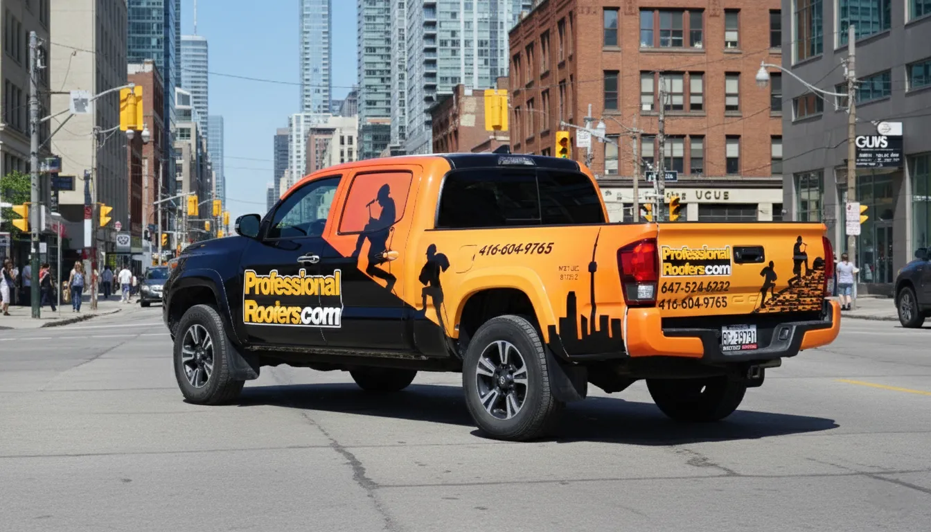 Toyota Tacoma with Professional Roofers custom full Truck wrap design