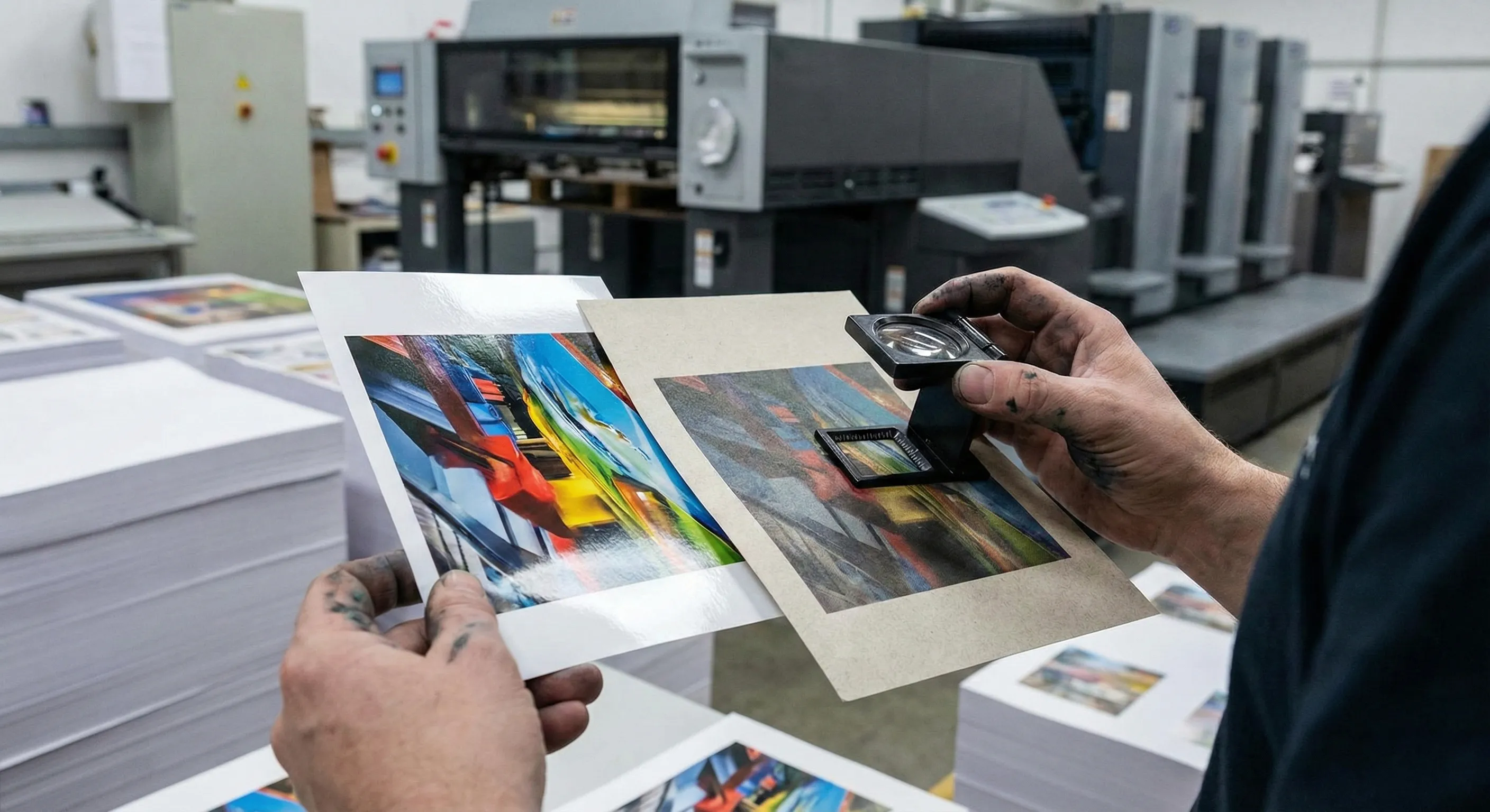 Close-up of a print shop operator using a loupe to compare coated vs. uncoated dot gain on two different printed paper samples.