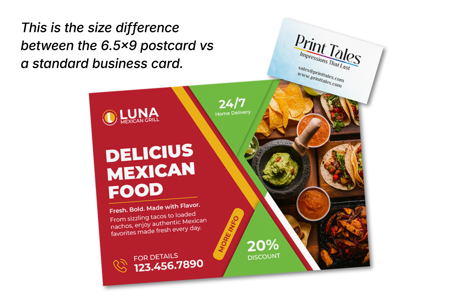 6.5 × 9 inch EDDM postcard sample next to a business card for size comparison