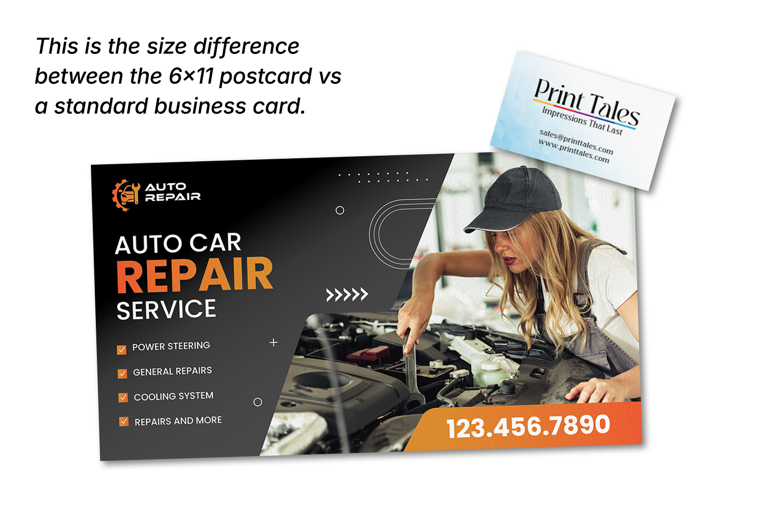 6 × 11 inch EDDM postcard sample next to a business card for size comparison
