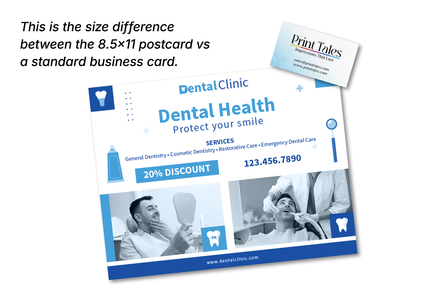 8.5 × 11 inch EDDM postcard sample next to a business card for size comparison