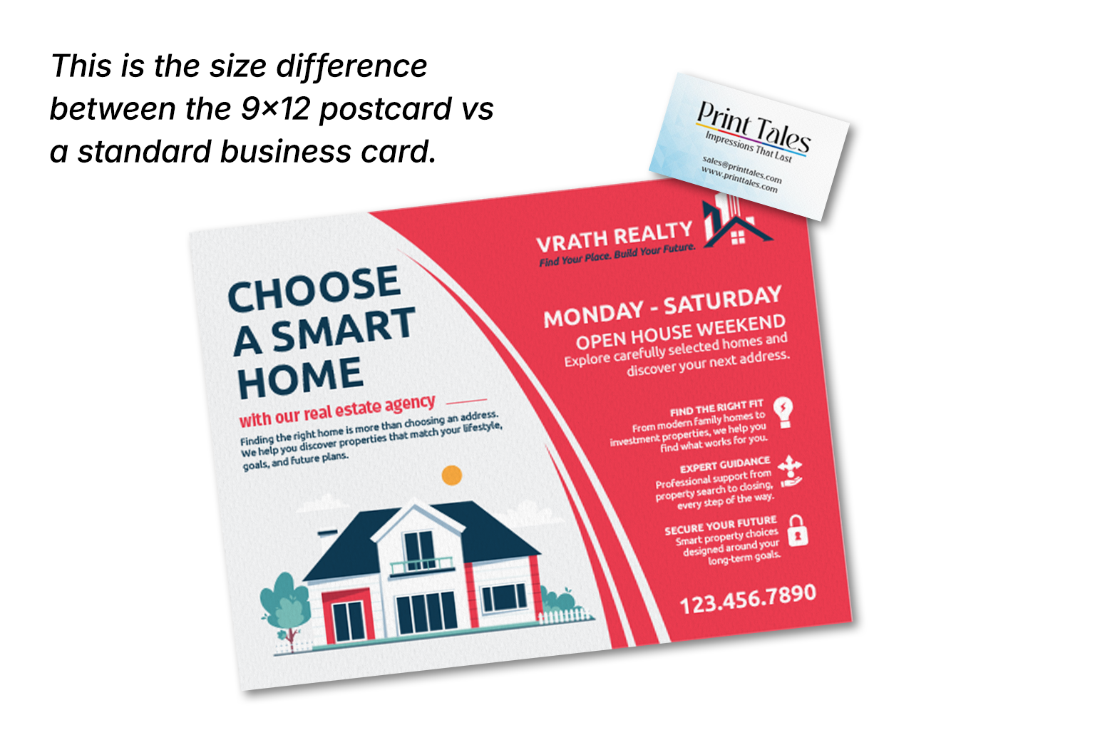 9 × 12 inch EDDM postcard sample next to a business card for size comparison