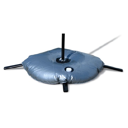 Water ballast for X-Stand, featuring a circular design with a central opening for pole insertion and stabilizing legs.