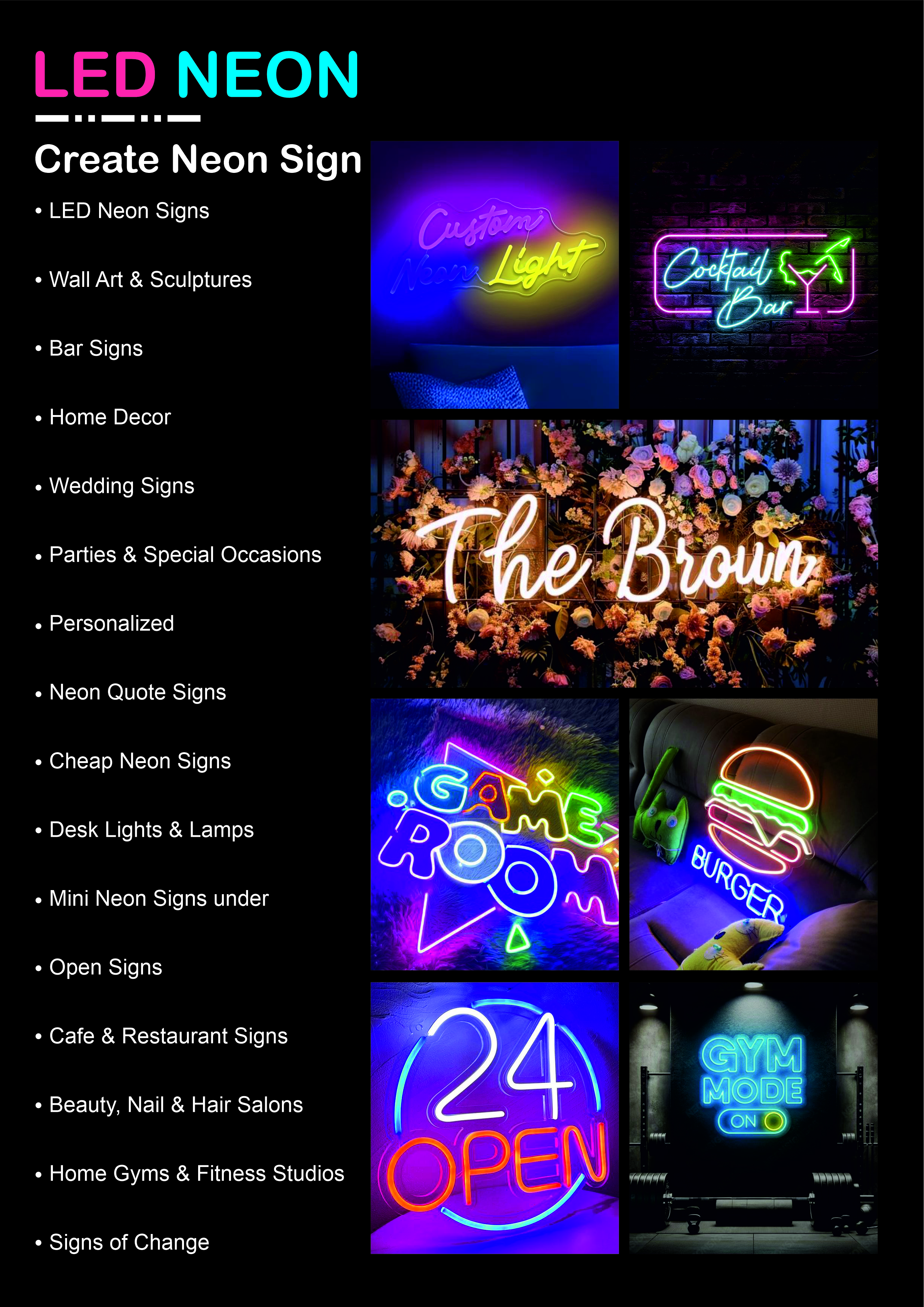 Promotional image showcasing customizable LED neon signs by Call For Sign. The left side lists various neon sign options including wall art, bar signs, home decor, wedding and party signs, personalized names and quotes, open signs, café and restaurant signage, and lights for salons and gyms. The right side features vibrant photos of neon signs such as 'Custom Neon Light' in yellow, 'Cocktail Bar' in pink and green, 'The Brown' in warm white among floral decor, 'Game Room' in colorful neon, a burger icon with the word 'BURGER', a '24 OPEN' sign in orange and blue, and 'GYM MODE ON' in electric blue with a gym setting in the background.
