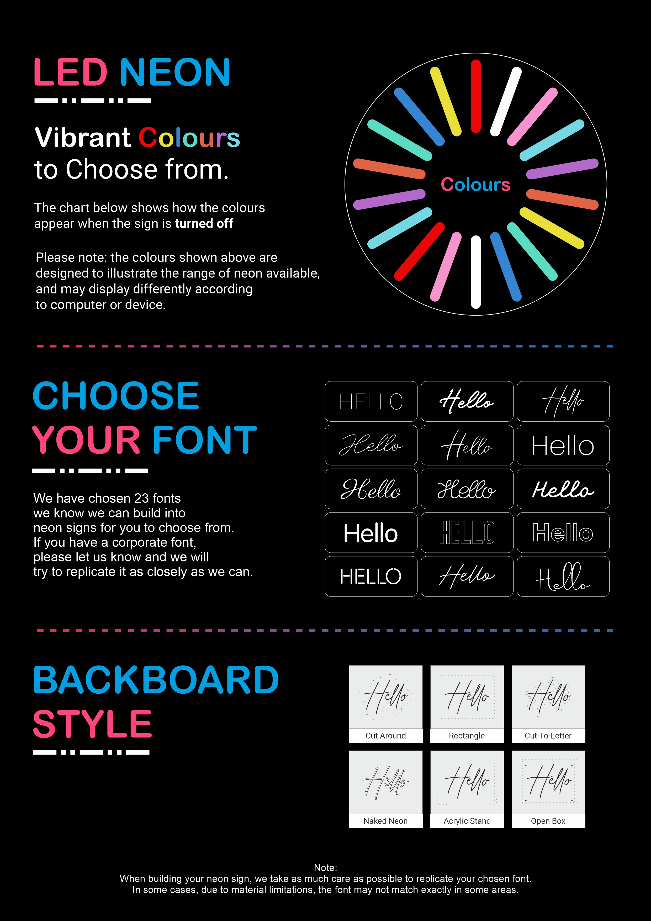 Design guide for creating custom LED neon signs, showcasing available color, font, and backboard options. The top section highlights 'Vibrant Colours to Choose From' with a circular chart displaying multiple neon shades such as red, pink, blue, green, yellow, orange, and purple as they appear when the sign is turned off. A note mentions colors may vary by screen. The middle section labeled 'Choose Your Font' displays 23 example fonts in the word 'Hello,' ranging from bold block letters to elegant script styles. It mentions customers can request corporate fonts for replication. The bottom section titled 'Backboard Style' presents six backing options for neon signs: Cut Around, Rectangle, Cut-To-Letter, Naked Neon, Acrylic Stand, and Open Box. A note clarifies that while efforts are made to match fonts precisely, some material limitations may affect the result.