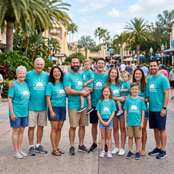 Group wearing matching custom printed t-shirts on a trip to Kissimmee, Florida