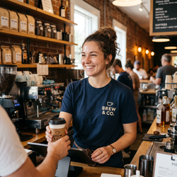Barista in a custom printed branded t-shirt at an Altamonte Springs coffee shop