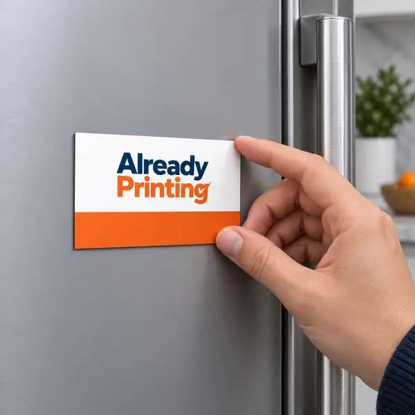 Magnetic business card placed on a refrigerator