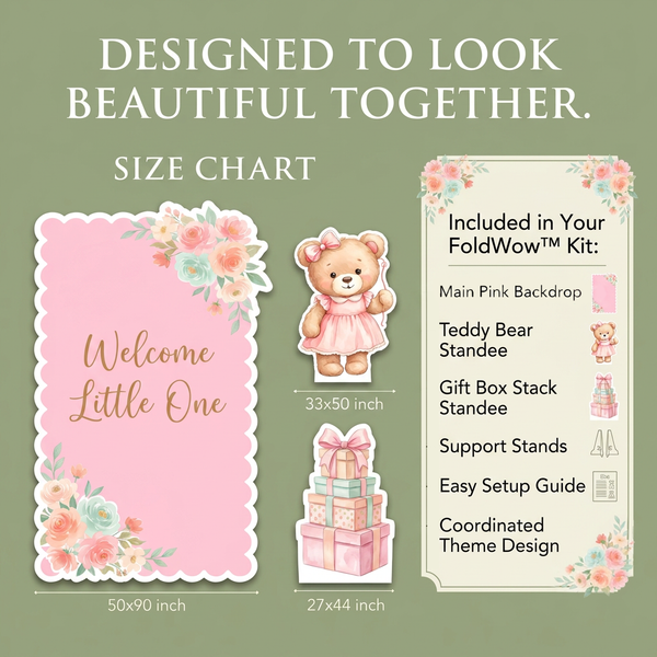 Pink Floral Teddy Bear Backdrop Set size chart