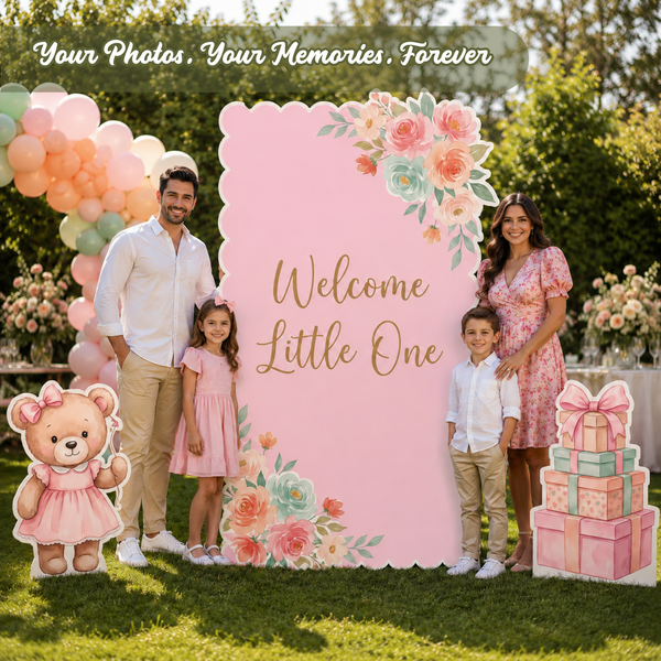 Pink Floral Teddy Bear Backdrop Set family lifestyle photo