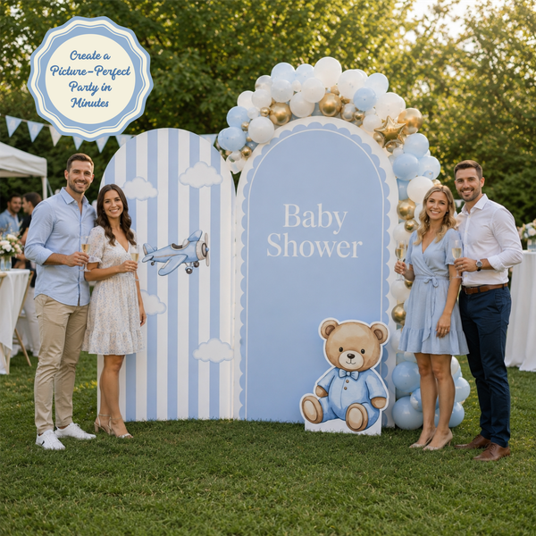 Little Teddy Baby Shower Backdrop Set with balloon arch and table styling
