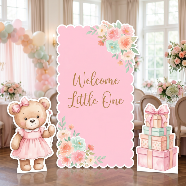 Pink Floral Teddy Bear Backdrop Set indoor party scene