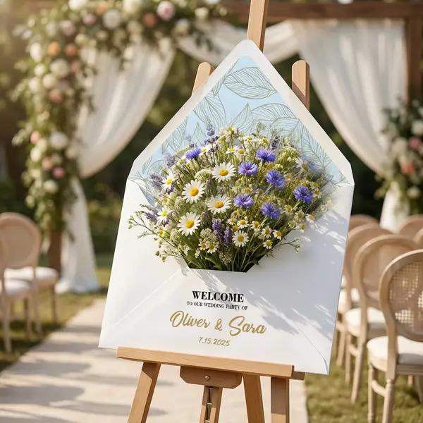 Elegant envelope style wedding reception decor