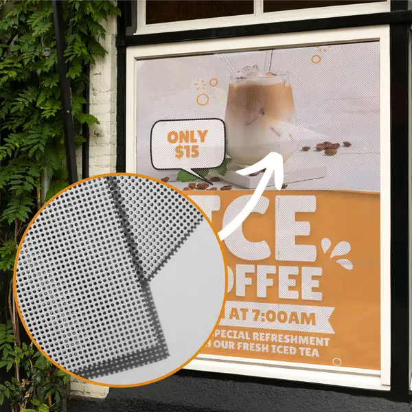 Custom mesh fence banner for coffee shop – weatherproof outdoor advertising banner