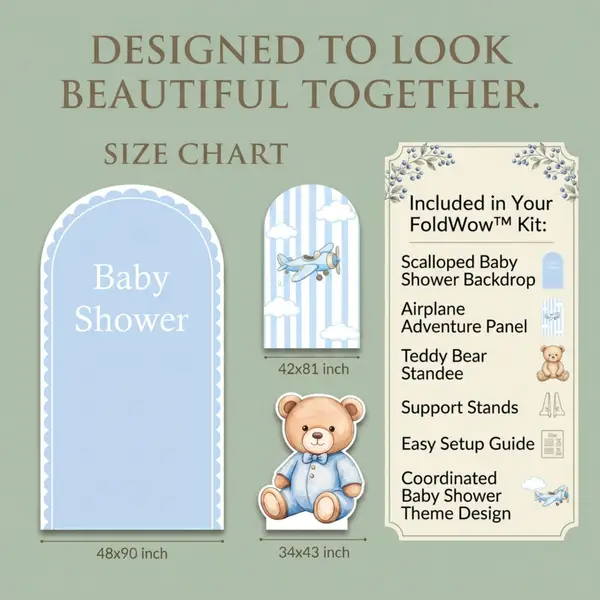 Little Teddy Backdrop Set Size Chart – 48x90, 42x81 arch backdrops and 34x43 standee