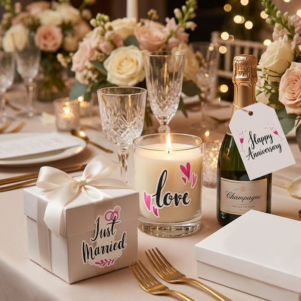 personalized wedding stickers for candles and favors, custom vinyl wedding labels for bridal events USA