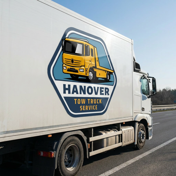 White truck with Hanover company logo sticker on side