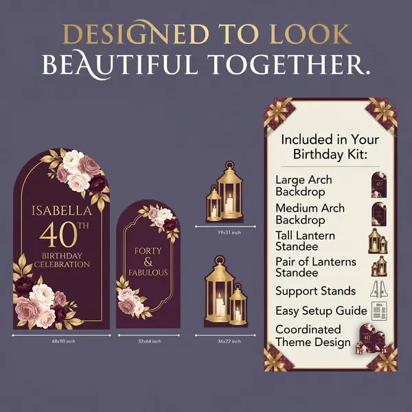 Personalized Burgundy Floral 40th Birthday Backdrop Set 2