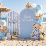 Little Teddy Backdrop Set outdoor beach baby shower setup with blue balloons