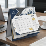 Custom Printed Desk Calendar on Wooden Desk – Corporate Branding Calendar