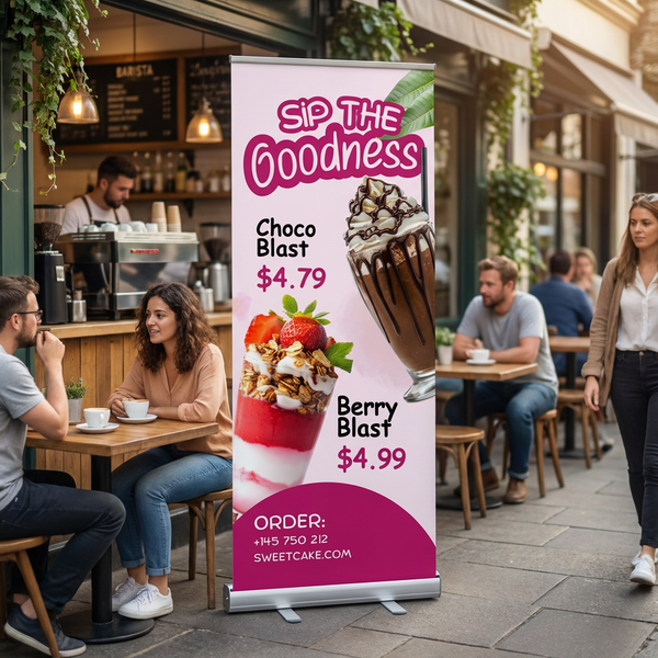 Custom retractable banner for outdoor café – colorful pull up banner stand printing
