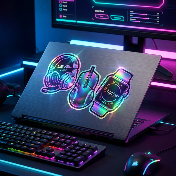 custom die-cut stickers with neon design, high-quality vinyl decals for laptops, gaming stickers USA custom printing