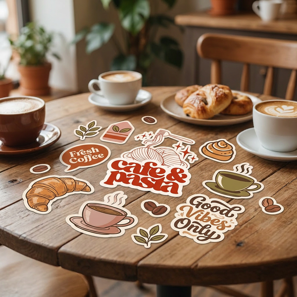 custom vinyl stickers on table, matte die-cut decals for packaging, branding stickers for small business USA