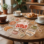 custom vinyl stickers on table, matte die-cut decals for packaging, branding stickers for small business USA