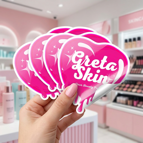 custom vinyl stickers in hand, glossy die-cut decals, waterproof personalized stickers for branding USA