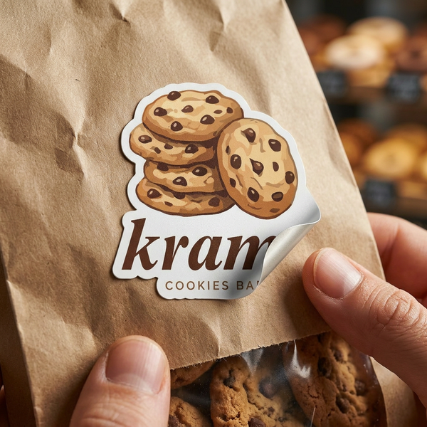 Custom logo sticker on kraft bag – personalized bakery branding label