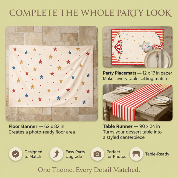Circus Birthday Backdrop Set optional add-ons floor banner table runner placemats