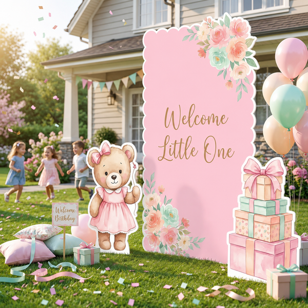 Pink Floral Teddy Bear Backdrop Set