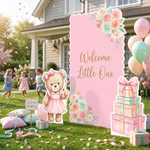Pink Floral Teddy Bear Backdrop Set outdoor lifestyle photo zone