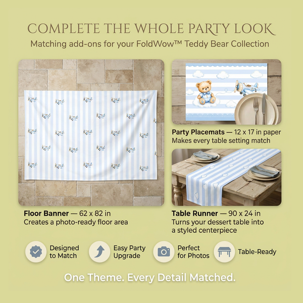 Little Teddy Backdrop Set Optional Add-Ons – Floor Banner, Party Placemats, Table Runner