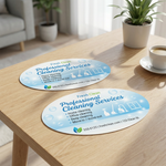 oval flyers printed marketing materials on table