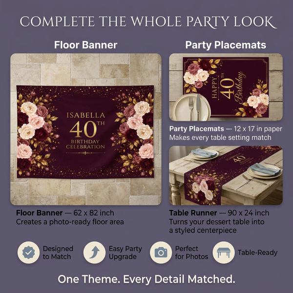 Personalized Burgundy Floral 40th Birthday Backdrop Set 3