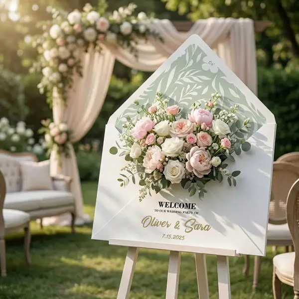 Modern wedding entrance sign with custom names and date
