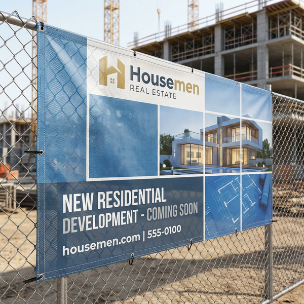 Custom mesh banner on construction site fence – outdoor vinyl mesh banner printing