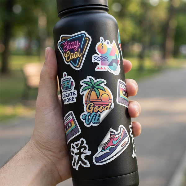 die-cut vinyl stickers on tumbler, waterproof custom stickers for bottles and laptops, durable outdoor sticker printing USA