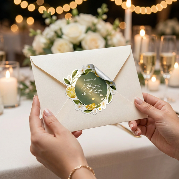 custom wedding envelope stickers, elegant personalized seal decals for wedding invitations and mailers USA